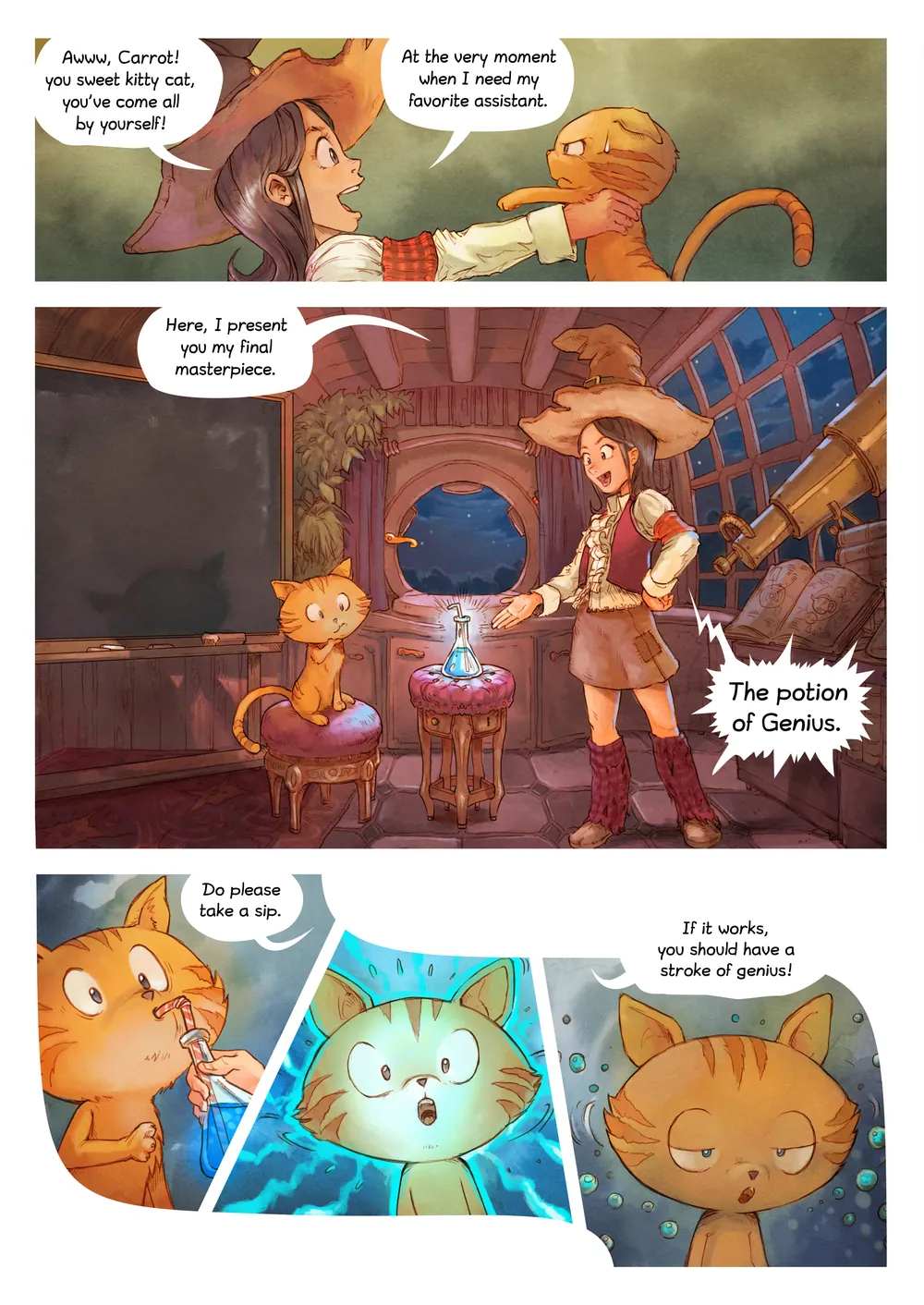The same page drawn by David Revoy: Pepper holds Carrot by the cheeks, presents the potion of Genius in her workshop, and the cat takes a sip, lights up and ends up with his eyelids at half-mast.